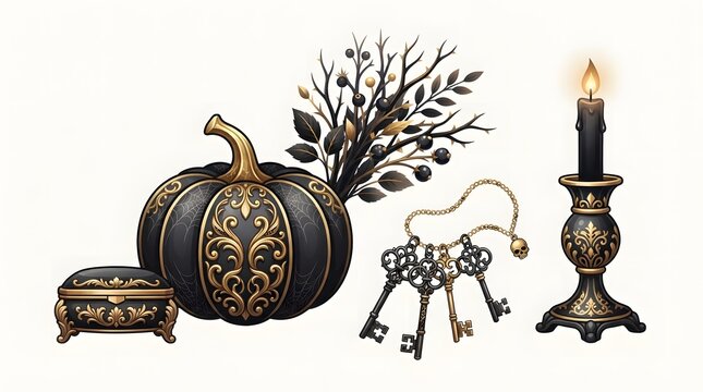Decorated black pumpkin with vintage keys and burning candle for gothic halloween decor