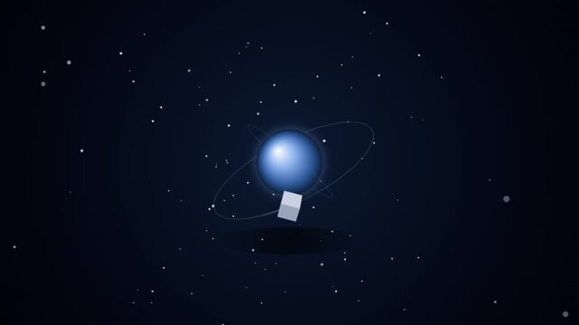 Blue celestial planet with orbiting sphere and geometric cube on circular path lines in a minimalist vector space science animation background with glowing stars and particles
