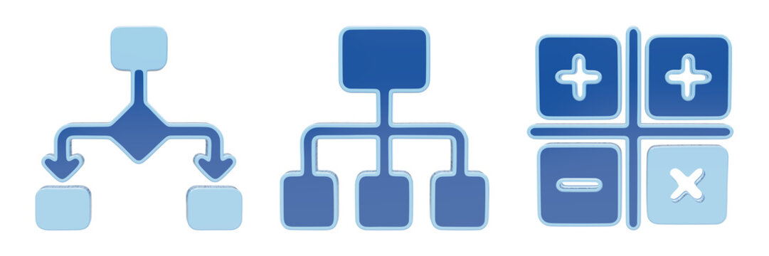3d render blue hierarchy chart, flowchart, and calculator icons for planning and calculations