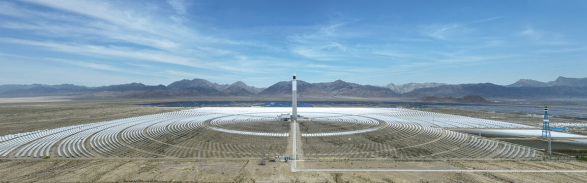 Panoramic View of Molten Salt Solar Thermal Power Station in Gobi Desert