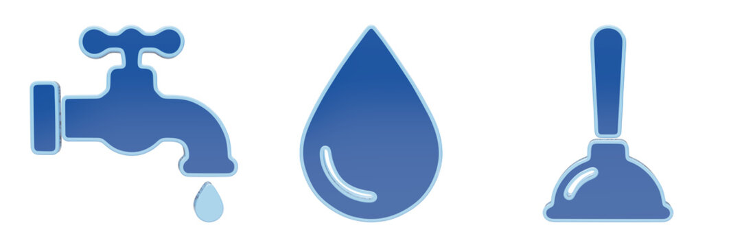 Water faucet with drip and plunger icons in blue gradient style for plumbing service branding