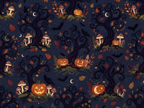 Seamless halloween pattern with pumpkins mushrooms and bats on a dark night background