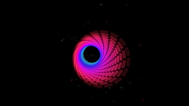 Glowing abstract neon spiral tunnel of rotating pink and blue geometric rectangular frames twisting in 3D space on a black background with tiny floating colorful light particles