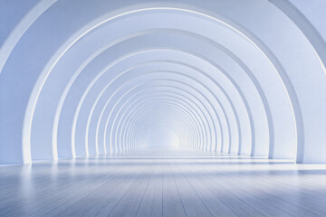 Naklejka premium A long, empty minimalist arched corridor with repetitive white arches and smooth light-colored flooring, creating a sense of depth and symmetry.