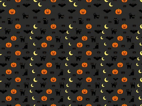 Seamless halloween pattern with pixel art pumpkins cats moons and bats on black background
