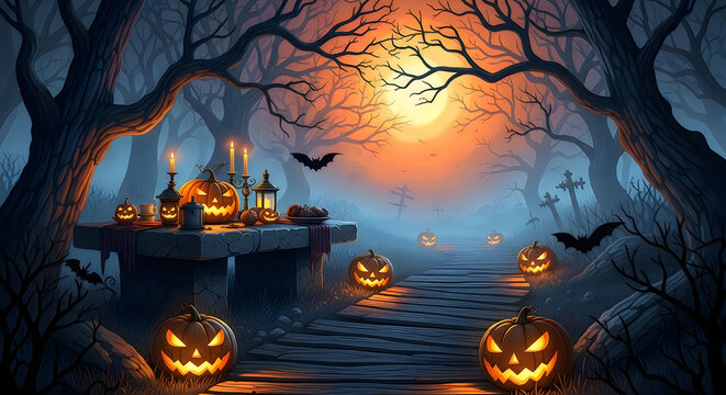 Spooky halloween scene with jackolanterns and a graveyard under a full moon