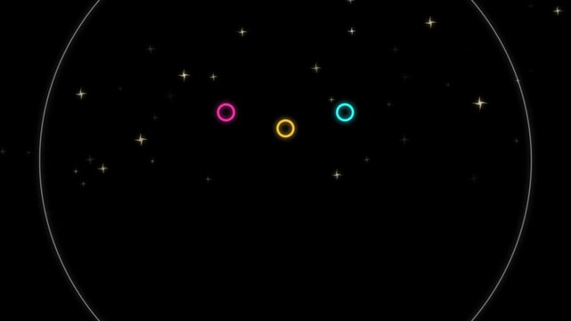 Neon countdown timer transition to glowing happy new year sign with festive sparkles.