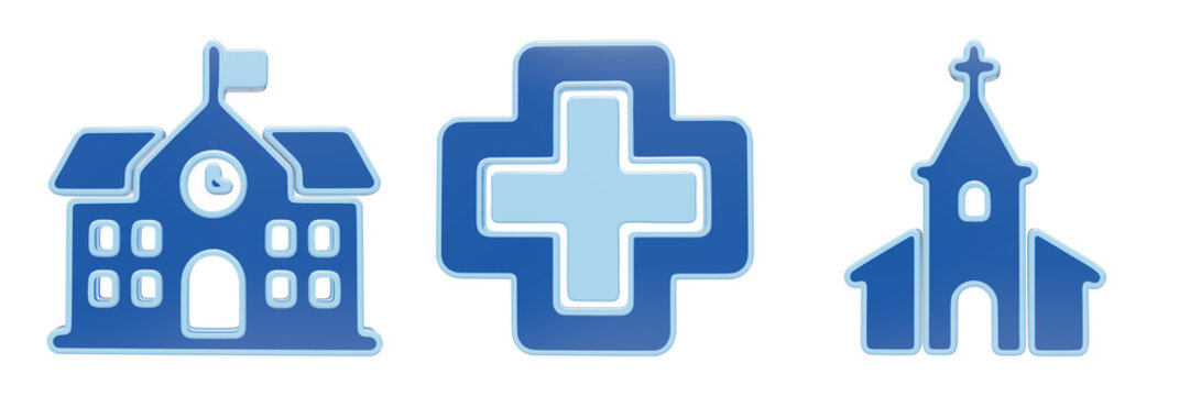 Community institution icons including schoolhouse medical cross and church building