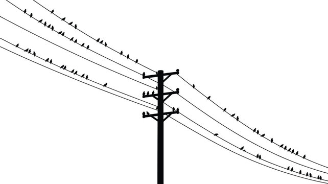 A black silhouette of a single wooden utility pole with multiple electrical wires and many small birds perched in a row, isolated on a white background