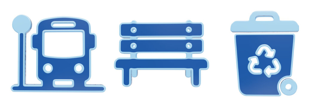 Public infrastructure 3d blue icons representing bus station wooden park bench and recycling bin