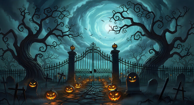 Spooky halloween graveyard scene with illuminated jackolanterns and wrought iron gates