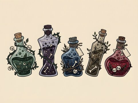 Set of five creepy magic potion bottles with skulls and bones for halloween design