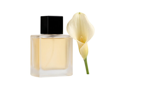 Elegant perfume bottle with calla lily flower, luxury glass fragrance bottle on white background, floral scent cosmetic product
