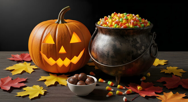 Jack o lantern and cauldron overflowing with colorful halloween candy on a wooden surface