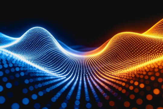 A 3D rendered abstract visualization of glowing blue and orange particle waves, representing digital technology and data flow.