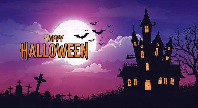 Spooky halloween night with haunted house and full moon