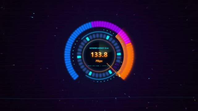 Speed test interface measuring high performance network latency on digital background.