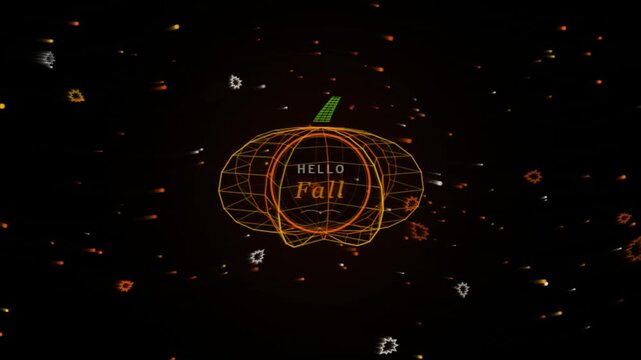 Wireframe pumpkin animation with hello fall text and flying sparks on black background.