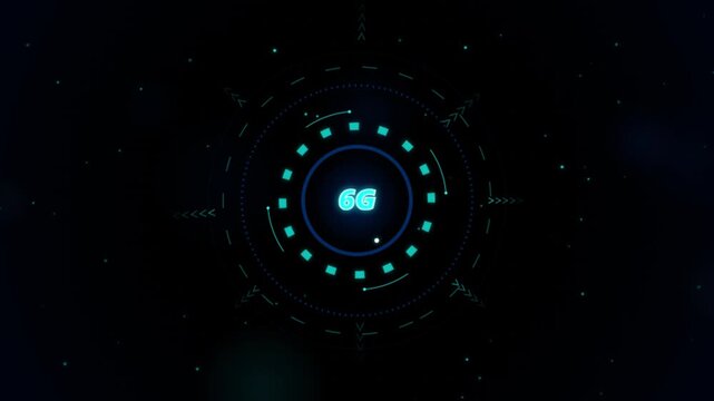 Futuristic 6g network logo animation on dark blue digital background technology video.