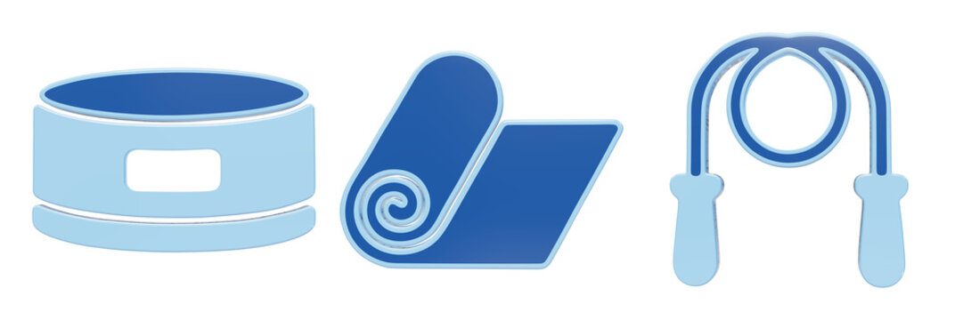 Set of blue fitness equipment icons including gym mat kettlebell and jump rope for home workout and athletic training sessions