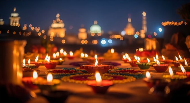 Diwali festival of lights in india with colorful diyas and cityscape