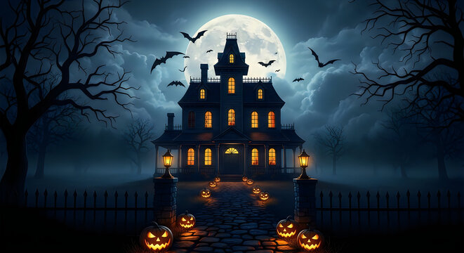 Spooky haunted house with jackolanterns under a full moon at night illustration