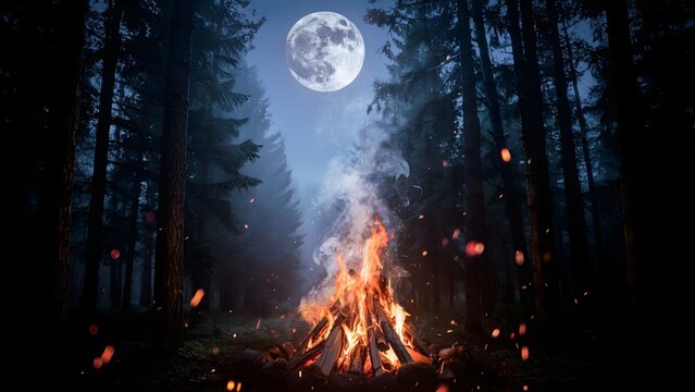 Bright campfire burning in a dark forest under a full moon at night.