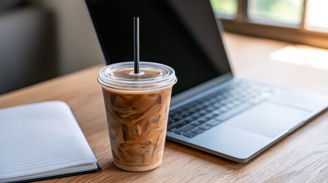 Workspace iced coffee with laptop and notebook for remote work design banner poster background