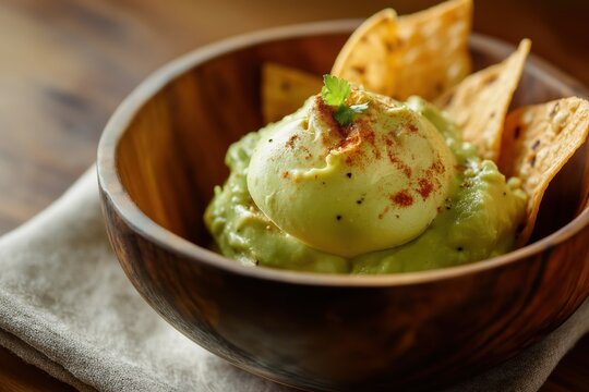 Spicy sweet avocado chili dip served in wooden bowl with tortilla chips