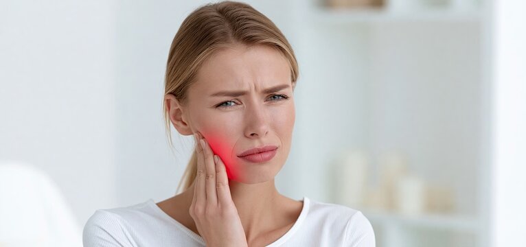 A young woman holding her cheek in pain, with a red highlight emphasizing facial discomfort from TMJ or muscle strain.