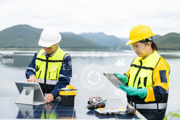 Fototapeta premium Asian engineers use a digital tablet with eco icons overlay to manage solar panel renewable energy and carbon