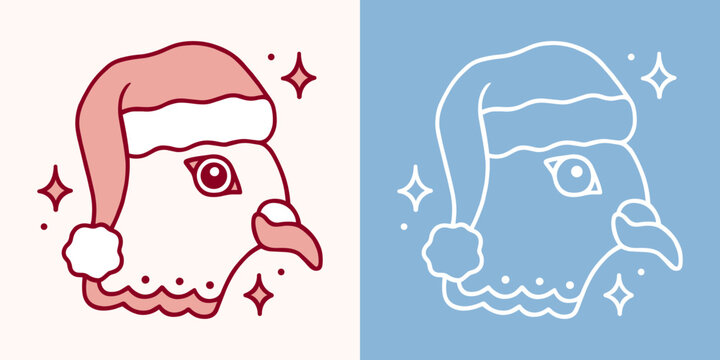 Christmas dove pigeon bird head wearing Santa hat outline drawing folk nordic aesthetic line art illustration. Whimsical weird core wildlife xmas doodle white red pastel pink blue decor design print.