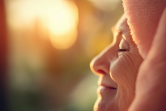Elderly woman smiling, eyes closed, enjoying sunlight, soft focu