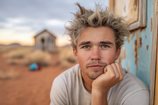 Man with tired face and messy hair, sitting on low step outside tiny house, visible fatigue