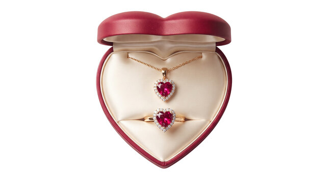 Heart shaped ruby jewelry set in red velvet box. Gold necklace and ring with red gemstones. Romantic gift for Valentine's Day or anniversary.