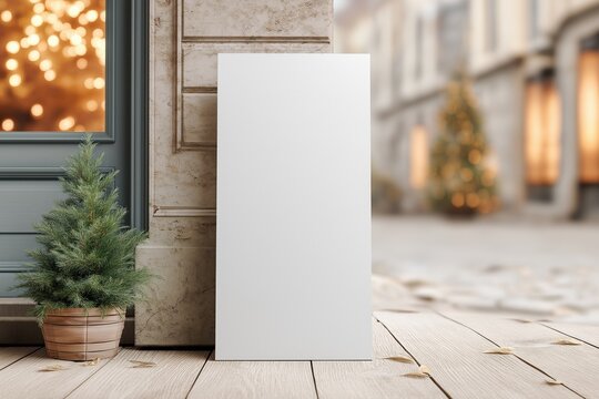 Clean white vertical banner mockup, soft Christmas lights, advertising copy space, outdoor setting