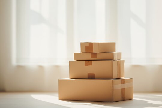 Stack of neatly taped cardboard moving boxes in sunlit corner, indoors, natural light