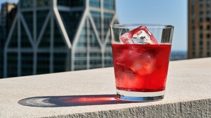 Fototapeta premium Red cocktail glass with ice on rooftop ledge against blurred city skyline for beverage ad background and summer poster design