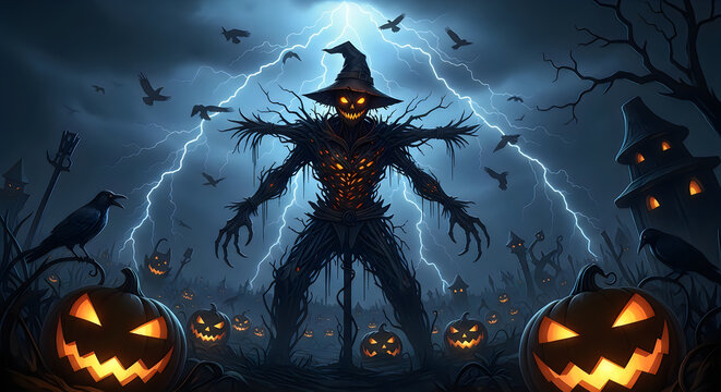 Scary halloween scarecrow with glowing eyes standing in a stormy pumpkin patch at night