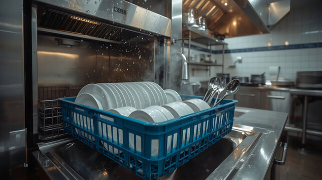 Clean White Plates and Cutlery in Commercial Dishwasher Rack with Steam in Restaurant Kitchen