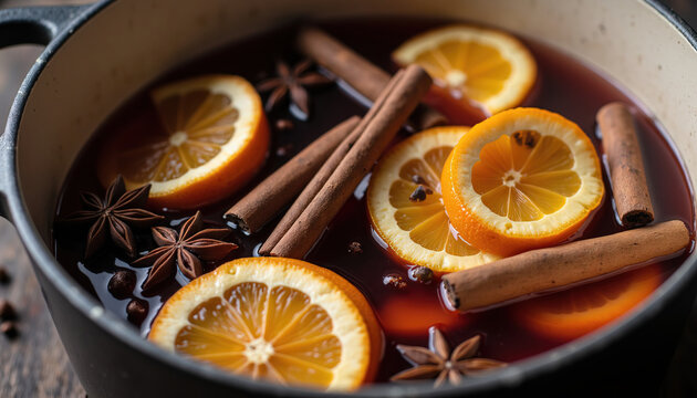 Mulled wine cooking in pot with orange slices cinnamon sticks and star anise for winter warming drink