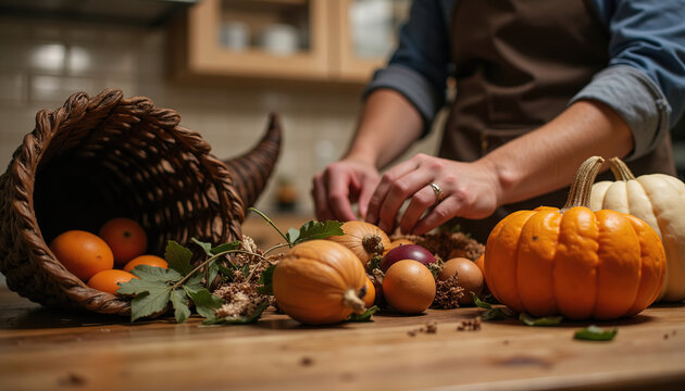 Chef hands arranging fresh pumpkins and cornucopia basket on kitchen wooden counter for thanksgiving
