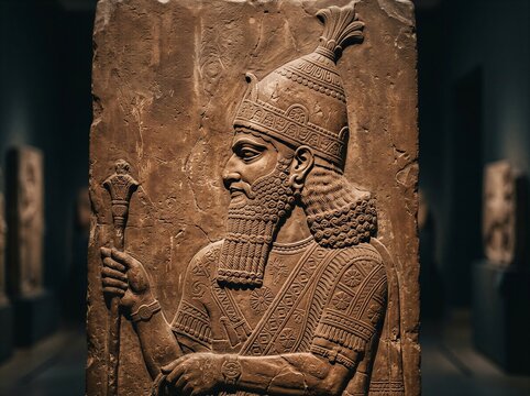 Ancient Mesopotamian relief of a king holding a royal scepter.