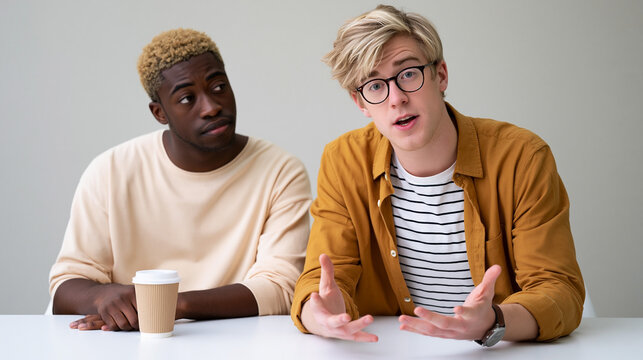 Young man with glasses speaking and gesturing beside a friend at table, conversation, communication, friendship and discussion concept