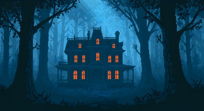 Spooky haunted house in a dark forest pixel art illustration with glowing windows