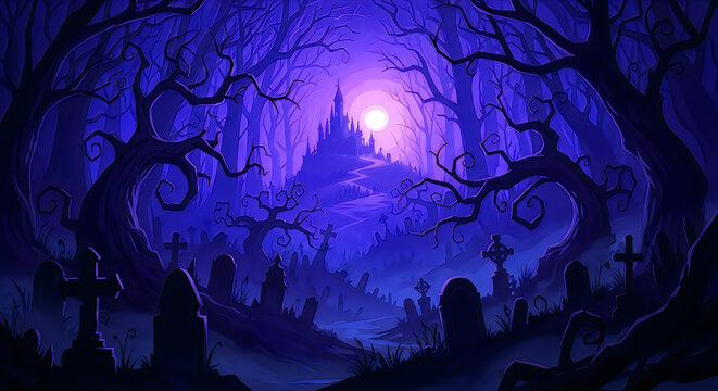 Spooky haunted castle and graveyard scene with gnarled trees in a dark purple illustration