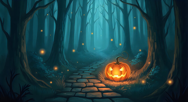Mysterious halloween forest with glowing pumpkin and winding stone path illustration