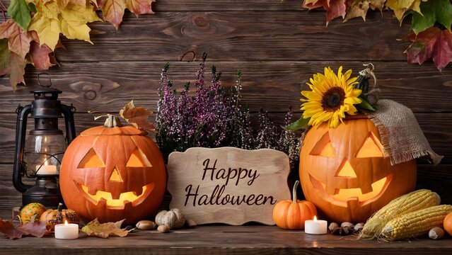 Happy Halloween carved pumpkins with sunflowers and lantern on rustic wooden background