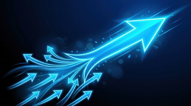 A vibrant digital composition showing many glowing blue arrows merging into one large upward rising arrow