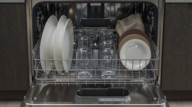 Clean White Plates and Cutlery in Commercial Dishwasher Rack with Steam in Restaurant Kitchen